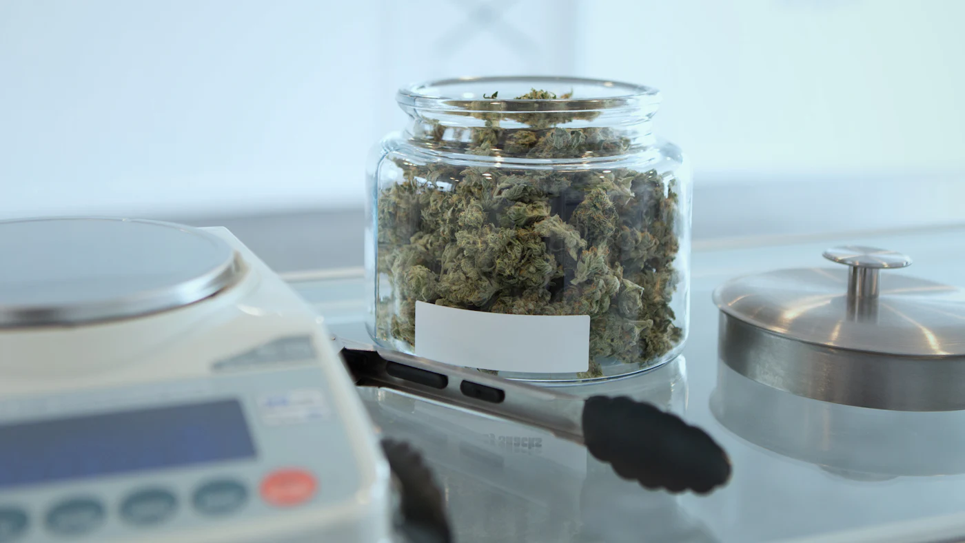 A jar of cannabis flower next to a digital scale